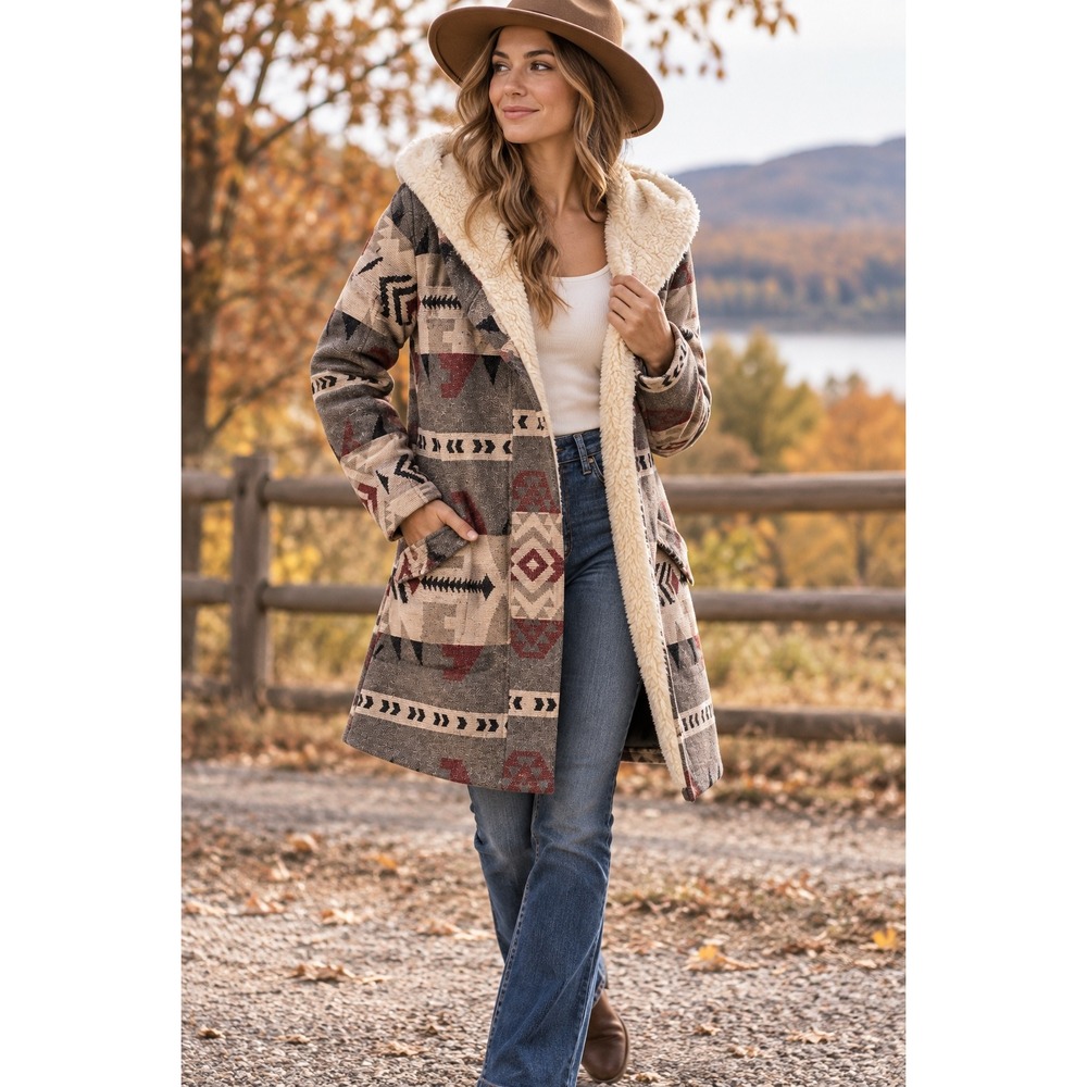 Southwestern Aztec Coat Womens S Sherpa Lined Hooded Boho Blanket Tribal Jacket
